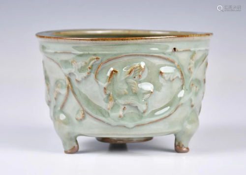 A Longquan Celadon Peony Tripod Incense Burner