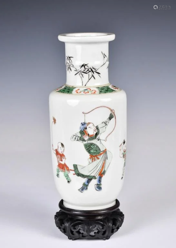 A Wucai Figures Vase Kangxi Mark w/Stand