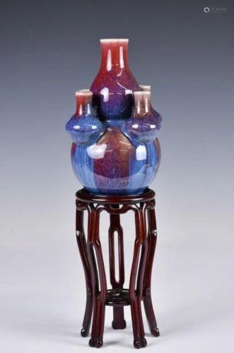 A Flambe-Glazed Conjoined Vase w/ Stand Qing