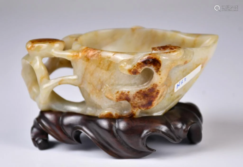A Beige Jade Carved Cup w/ Stand Ming
