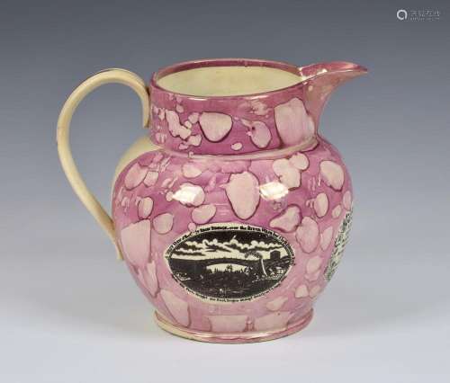 A large Sunderland Pink Lustre Jug painted and transfer prin...