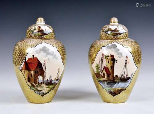 A pair of 20th century Dresden covered vases of baluster for...