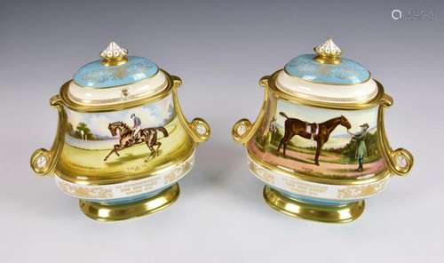 A pair of Aynsley lidded vases to commemorate the 200th Oaks...