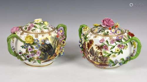 A pair of Minton porcelain flower-encrusted twin handled pot...