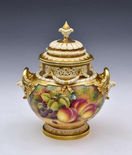 A Royal Worcester large two handled urn and cover hand-paint...
