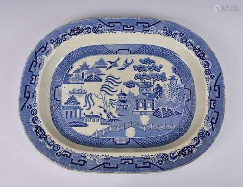 A large 19th century willow pattern meat platter stamped ...