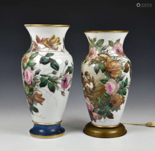 Two floral decorated Bohemian opaline glass vases with cheru...