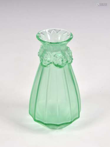 A Lalique green satin glass vase tapered and panelled, embos...