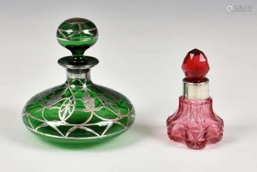 An Art Nouveau green glass silver overlay scent / perfume bo...