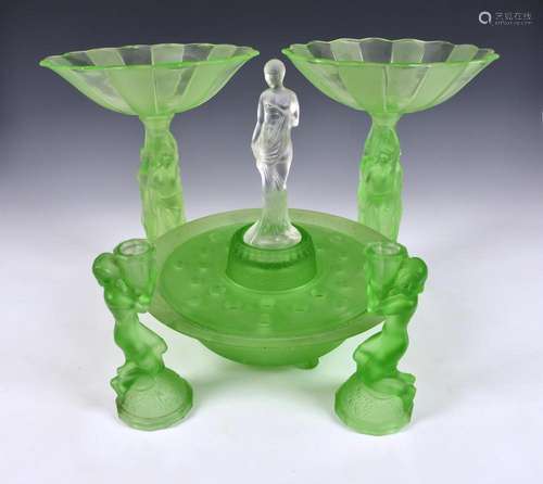 A pair of Art Deco 'Three Graces' moulded uranium gl...