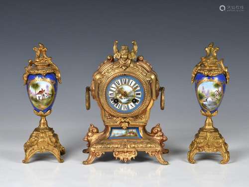 A French gilt metal and porcelain matched three piece clock ...