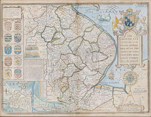 John Speede (1552-1629) a hand coloured engraved map of Linc...