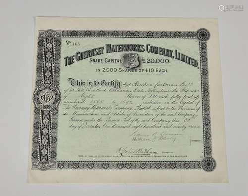 Guernsey share certificate - The Guernsey Waterworks Company...