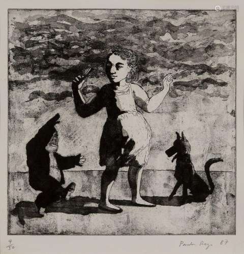 PaulaRego,British1935-2022-GirlwithLittleManandDog,1987;etch