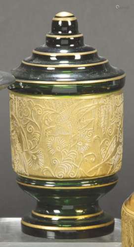Green glass jar with golden decoration, Moser type, Bohemia.