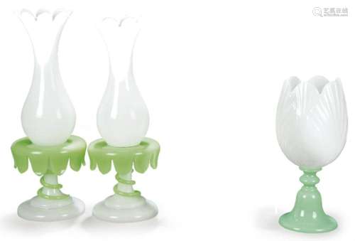 Pair of vases and a glass in white and green opaline.