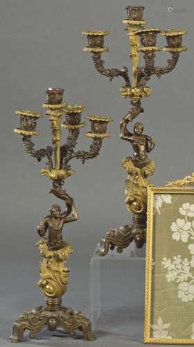 Pair of gilded and patinated bronze candlesticks, France S. ...