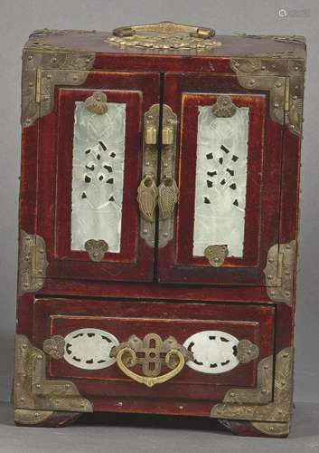 Chinese cabinet in wood, with metal and jade applications. T...