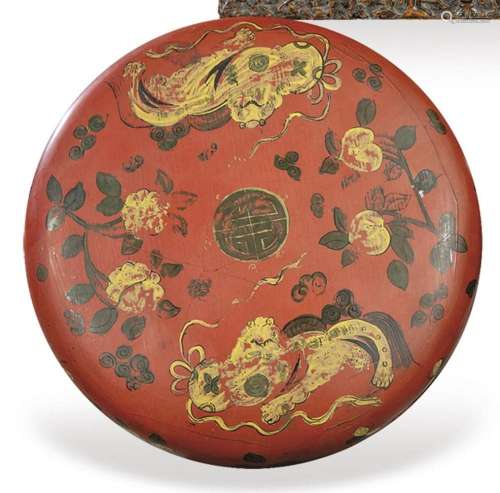 Chinese circular wooden box painted in red and with black de...