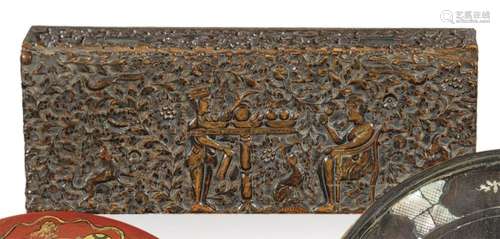 Anglo-Indian box carved in wood with a man seated at a table...