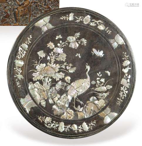 Circular wooden box with mother-of-pearl inlay and silver bo...