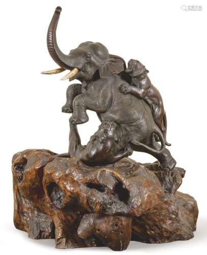 "Elephant Attacked by Tigers" in patinated bronze,...