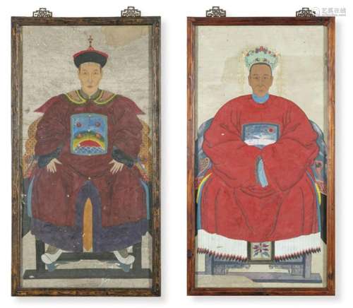Pair of Chinese "ancestors" painted in gouache on ...