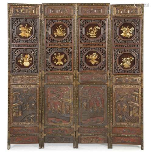 Four-leaf Chinese screen in carved and lacquered wood, first...