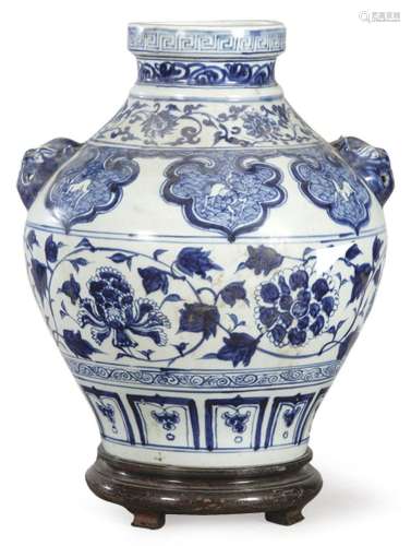 Ovoid-shaped wine jug in blue and white porcelain, following...