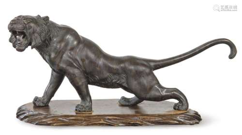 Patinated bronze "tiger" with seal from Hanehiro w...