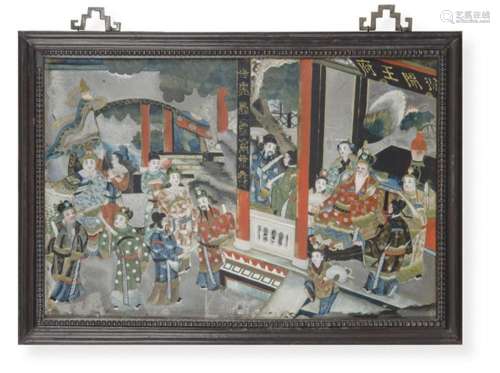 Chinese painting under glass with a courtly scene of charact...