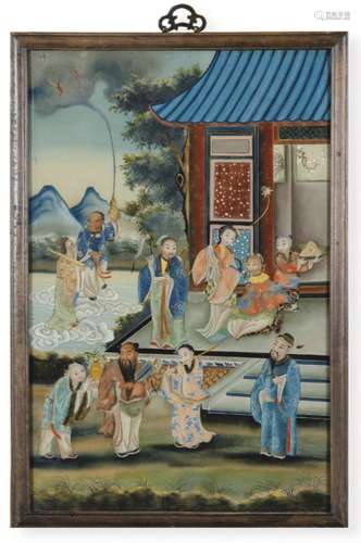 Chinese painting under glass with a palatial scene with an e...