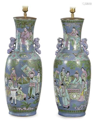 Pair of large Chinese porcelain vases adapted for lamps. Wit...