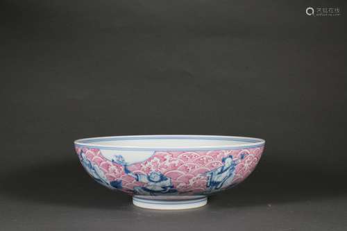 Rouge-Red Ground Blue and White Eight Immortals Figure Bowl