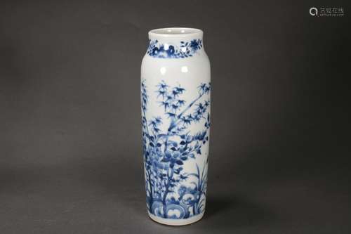 Blue and White Flower and Bird Rouleau Vase