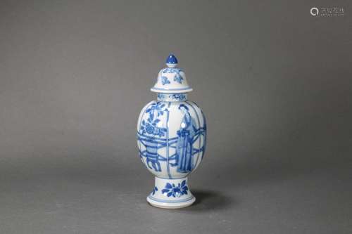 Blue and White Figure Vase and Cover