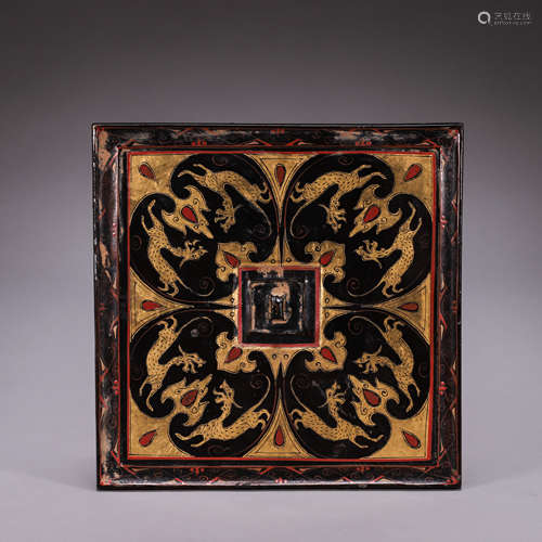 Cinnabar Lacquer Gilt-Inlaid Dragon Bronze Mirror