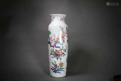 Wucai and Underglaze Blue Flower Rouleau Vase