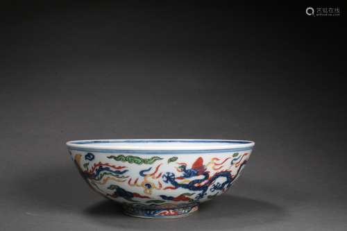 Wucai and Underglaze Blue Dragon and Phoenix Bowl