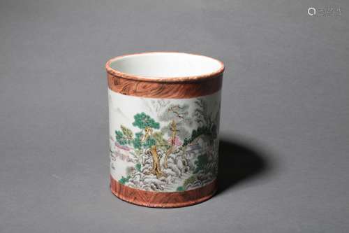 Famille Rose Wood-Grain Landscape Brush Pot