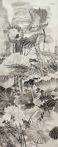 Chinese Flower and Bird Painting Paper Scroll, Mo Xiaosong M...