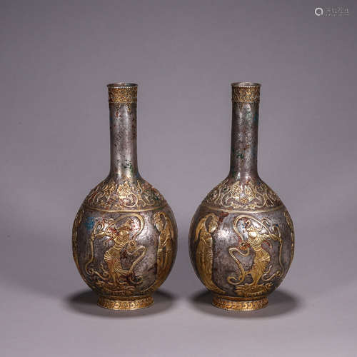 Pair of Silver Gilding Apsaras Vases