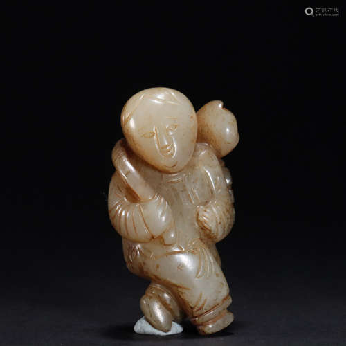 Carved Hetian Jade Lotus and Boy Ornament