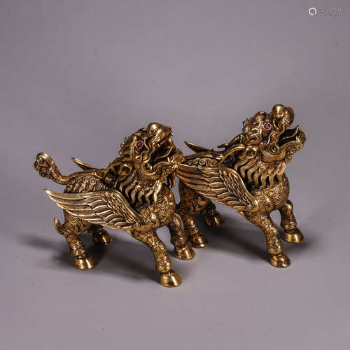 Pair of Gilt-Bronze Kylin Statues