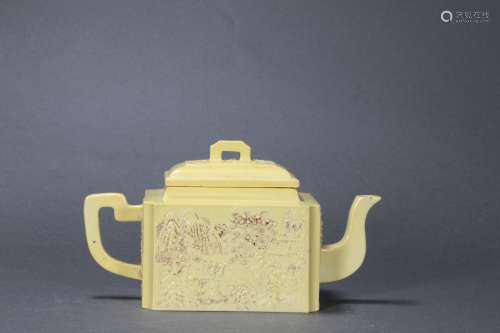 Yellow Glaze Carved Porcelain Landscape Teapot