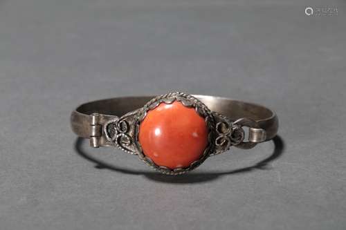 Coral Inlaid Silver Bangle