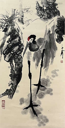 Chinese Crane Painting Paper Scroll, Wang Ziwu Mark