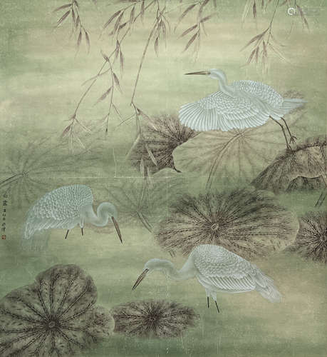 Chinese Flower and Bird Painting Paper Scroll, Jiang Hongwei...