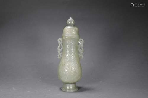 Pale Celadon Jade Chilong-Eared Vase and Cover