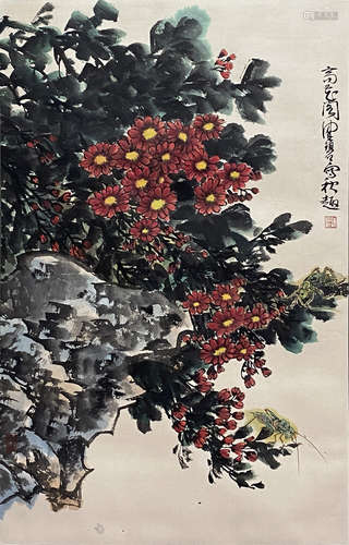 Chinese Flower and Bird Painting Paper Scroll, Chen Peiqiu M...